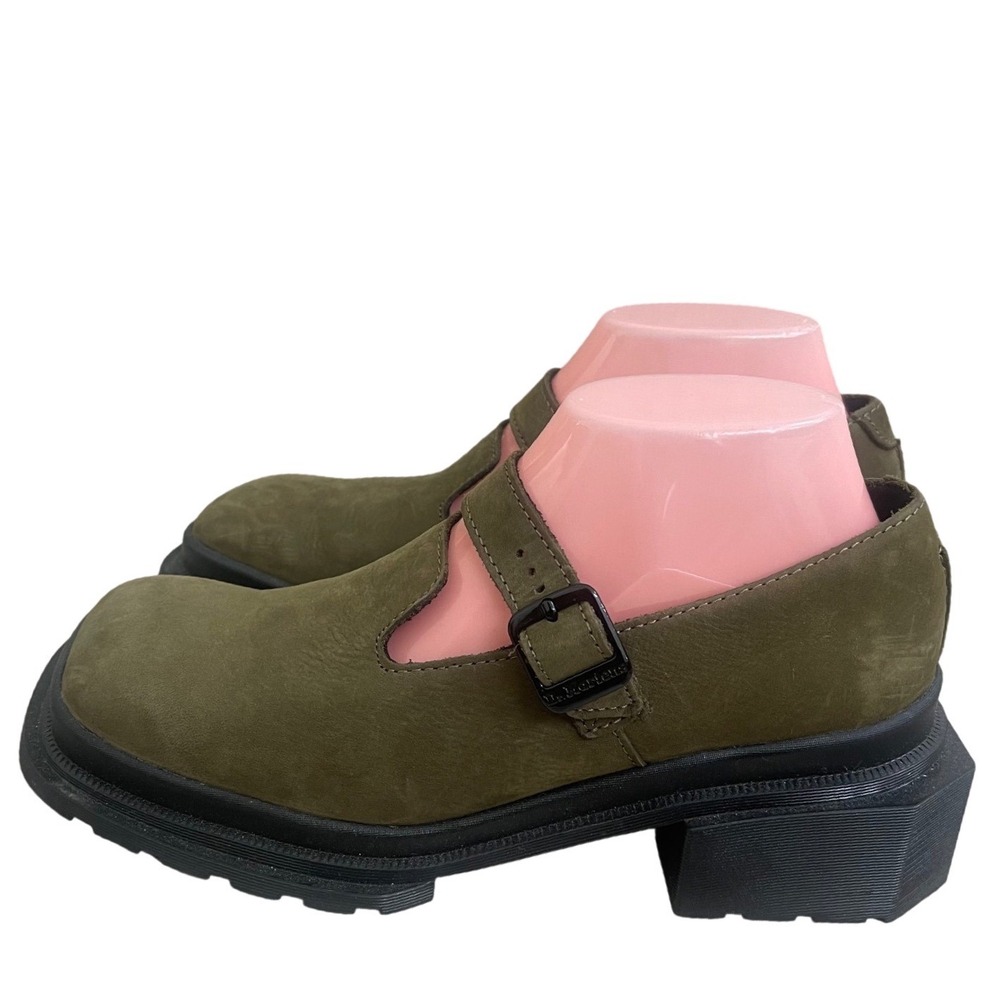 Dr Martens Maybole MJ Olive Green Leather Square Toe Mary Janes Size 7 used 1x